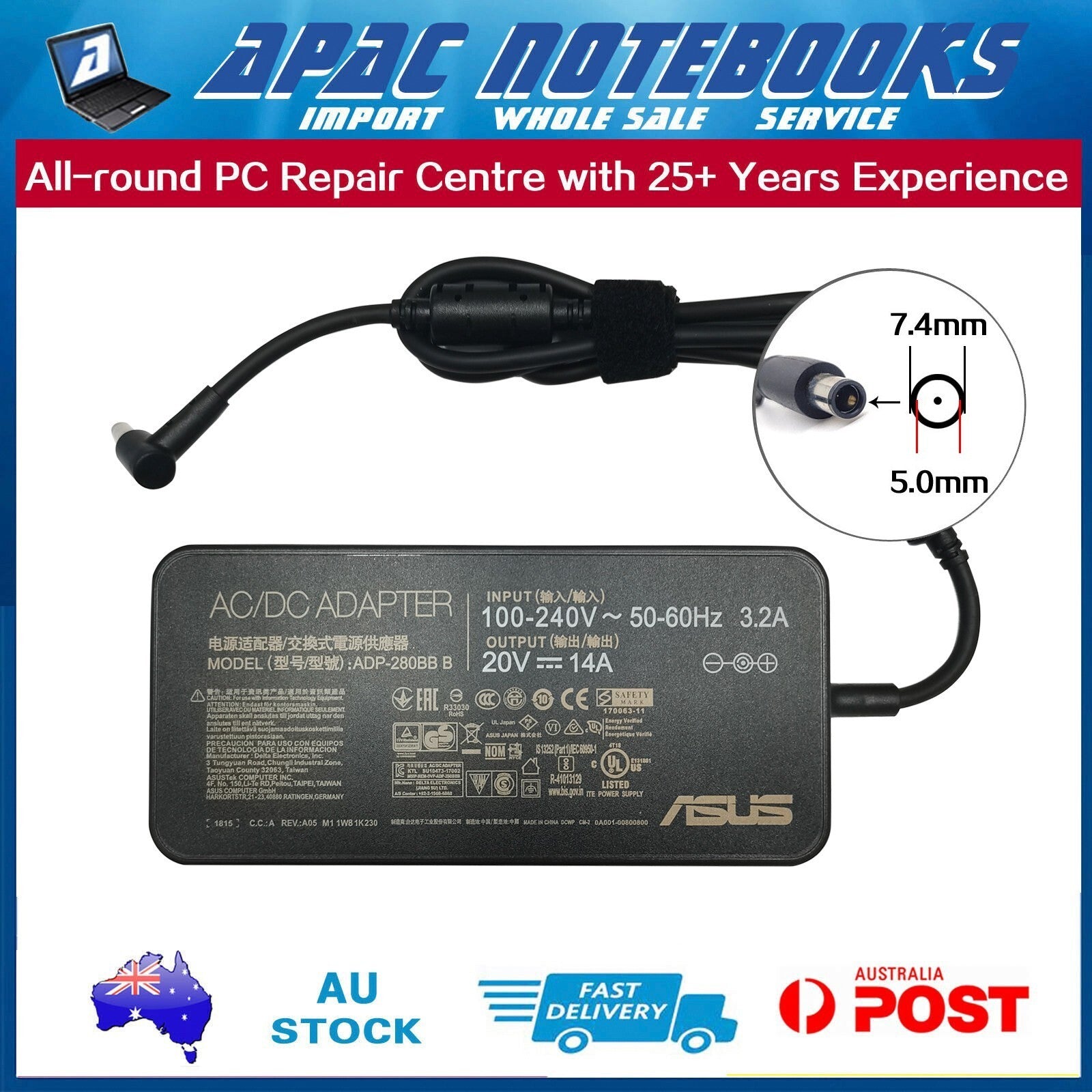 Genuine 280W AC Adapter Charger ASUS PG35VQ MSI GE63 GE73 GL63 GP65 7.4x5.0mm