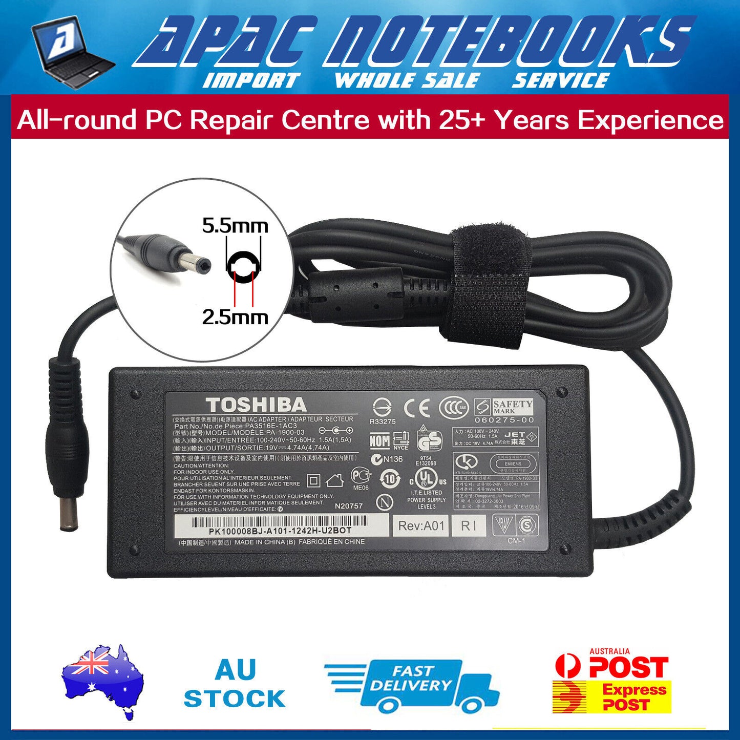 Genuine 90W AC Adapter Charger TOSHIBA C50-C 19V-4.74A DC:5.5mm*2.5mm