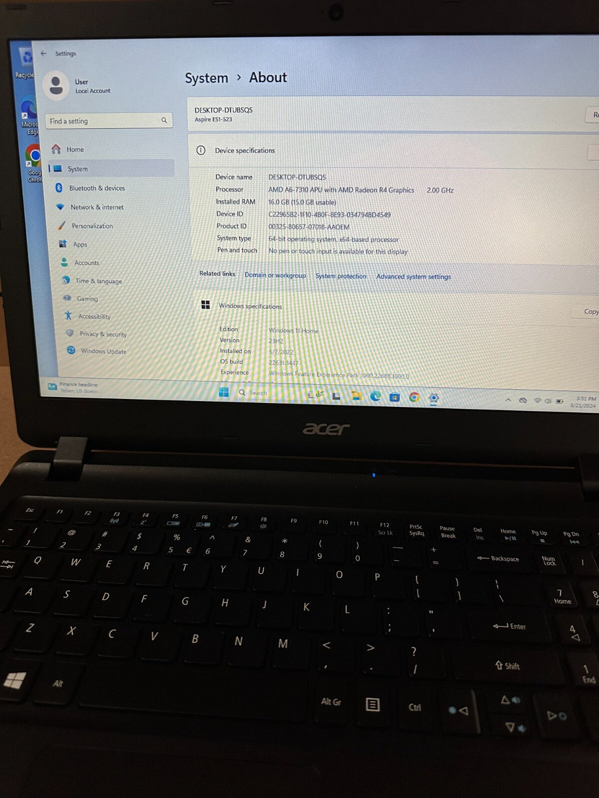 ACER ASPIRE ES1-523 15.6"  AMD A6-7310/16GB RAM/240GB SSD/ WINDOWS 11 with newBT