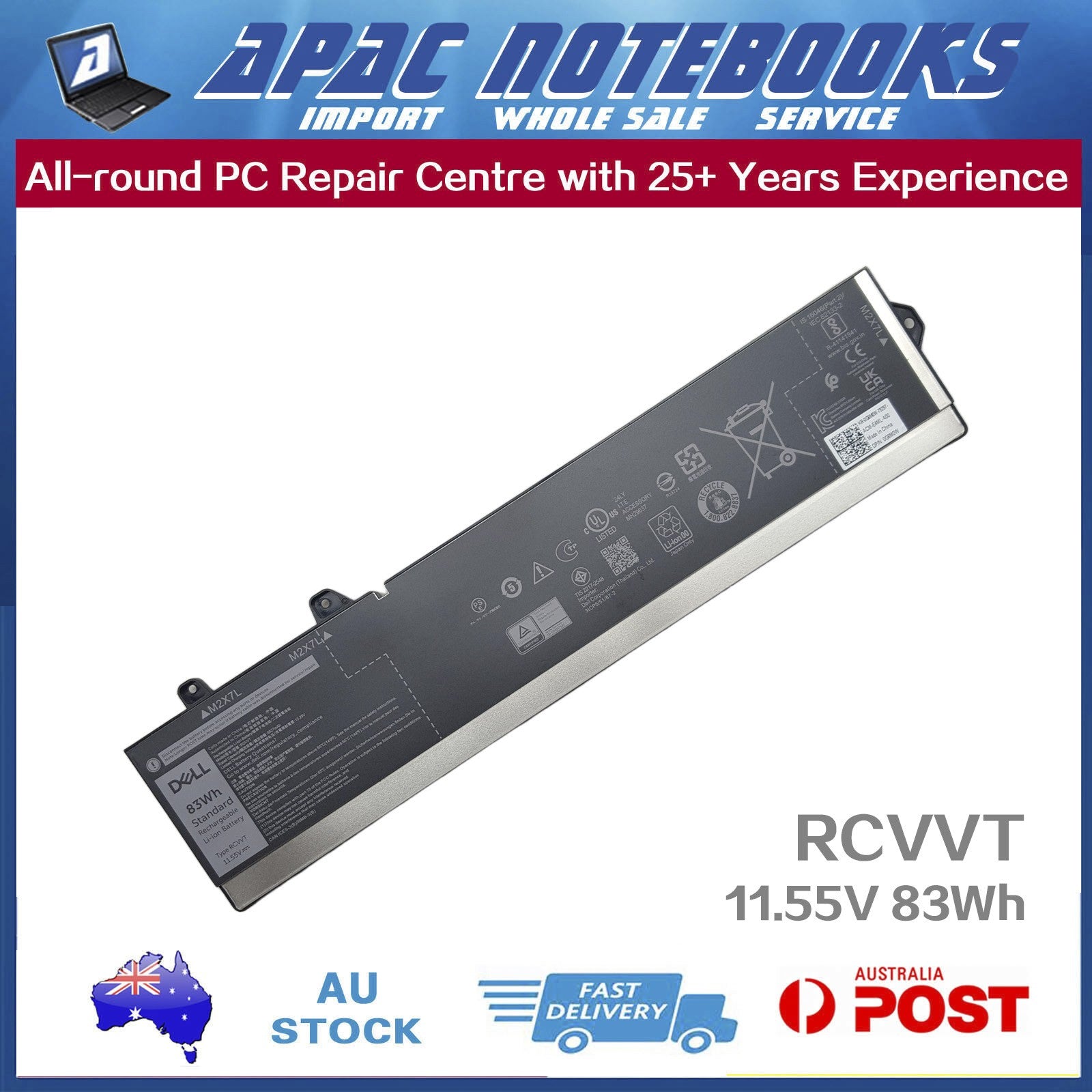 Genuine RCVVT Battery for 5JMD8 965V4 NWDC0 X26RT X9FTM P114F P115F 11.55V 83Wh