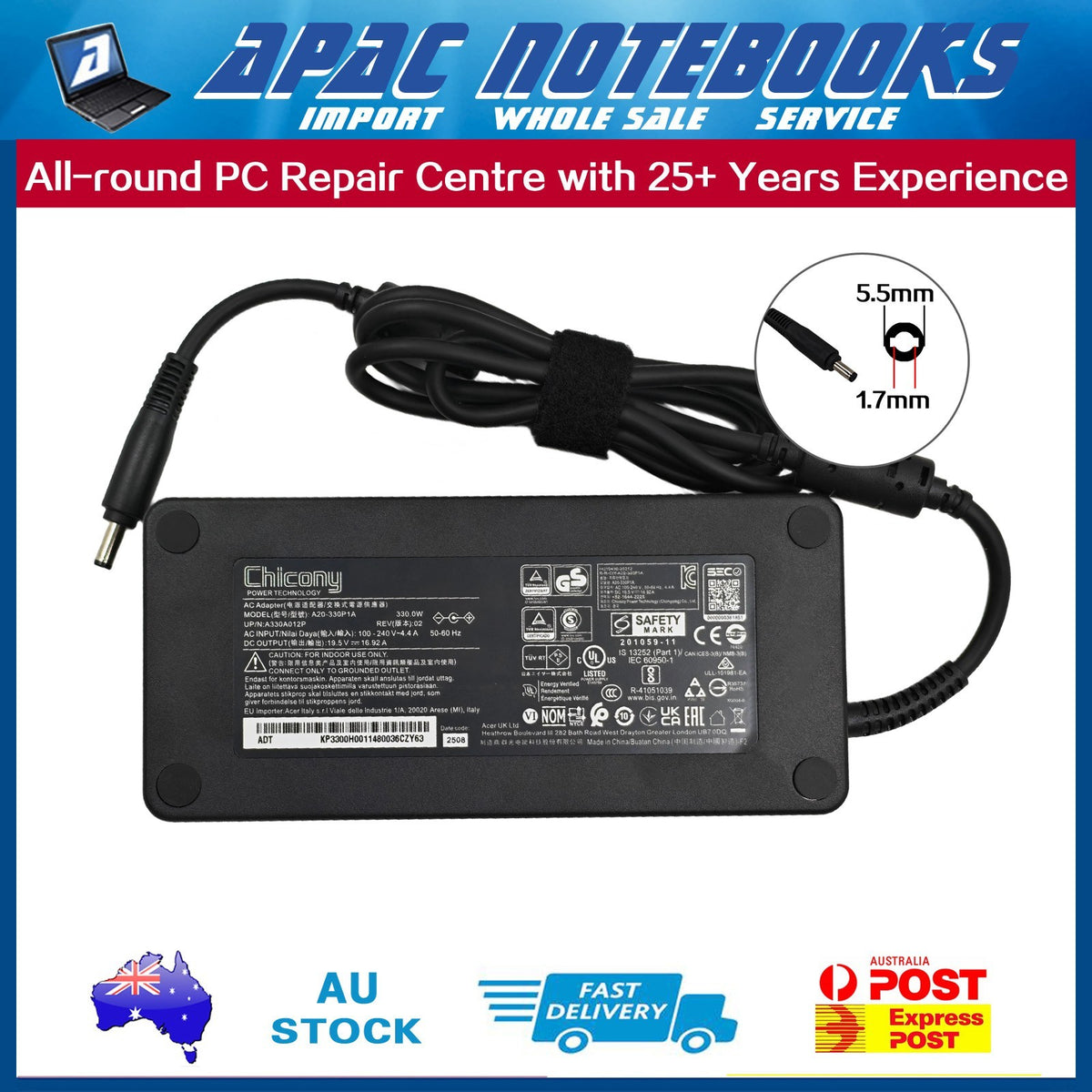 Genuine Acer 330W Charger Predator Helios 18 PH18-71 PH18-72 Neo 18 PHN18-71/-72