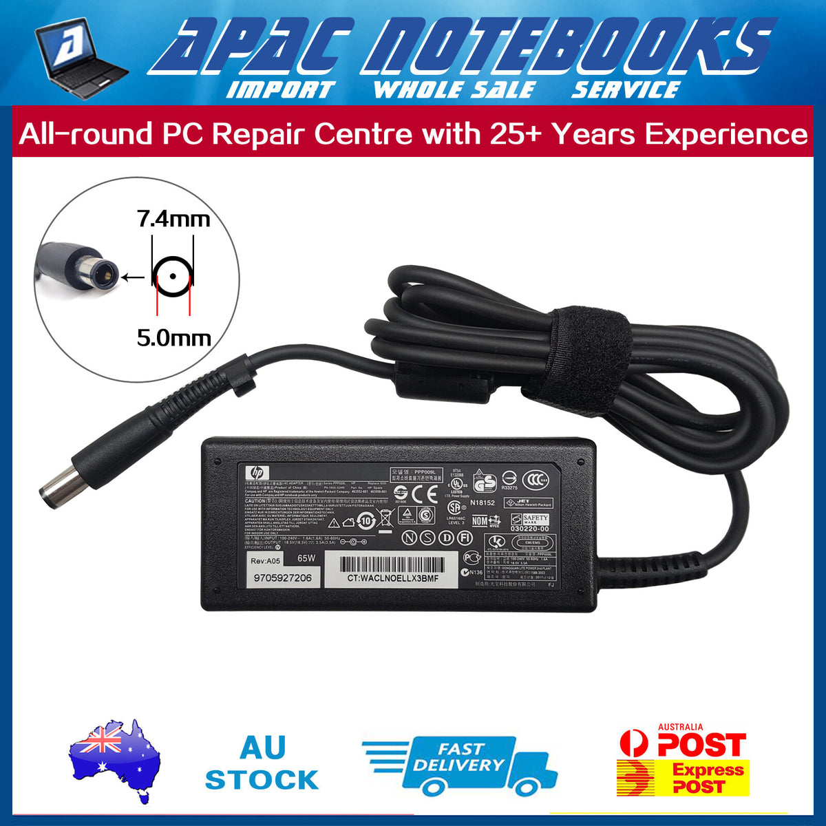Genuine 65W AC Adapter Charger HP 250 7.4mm