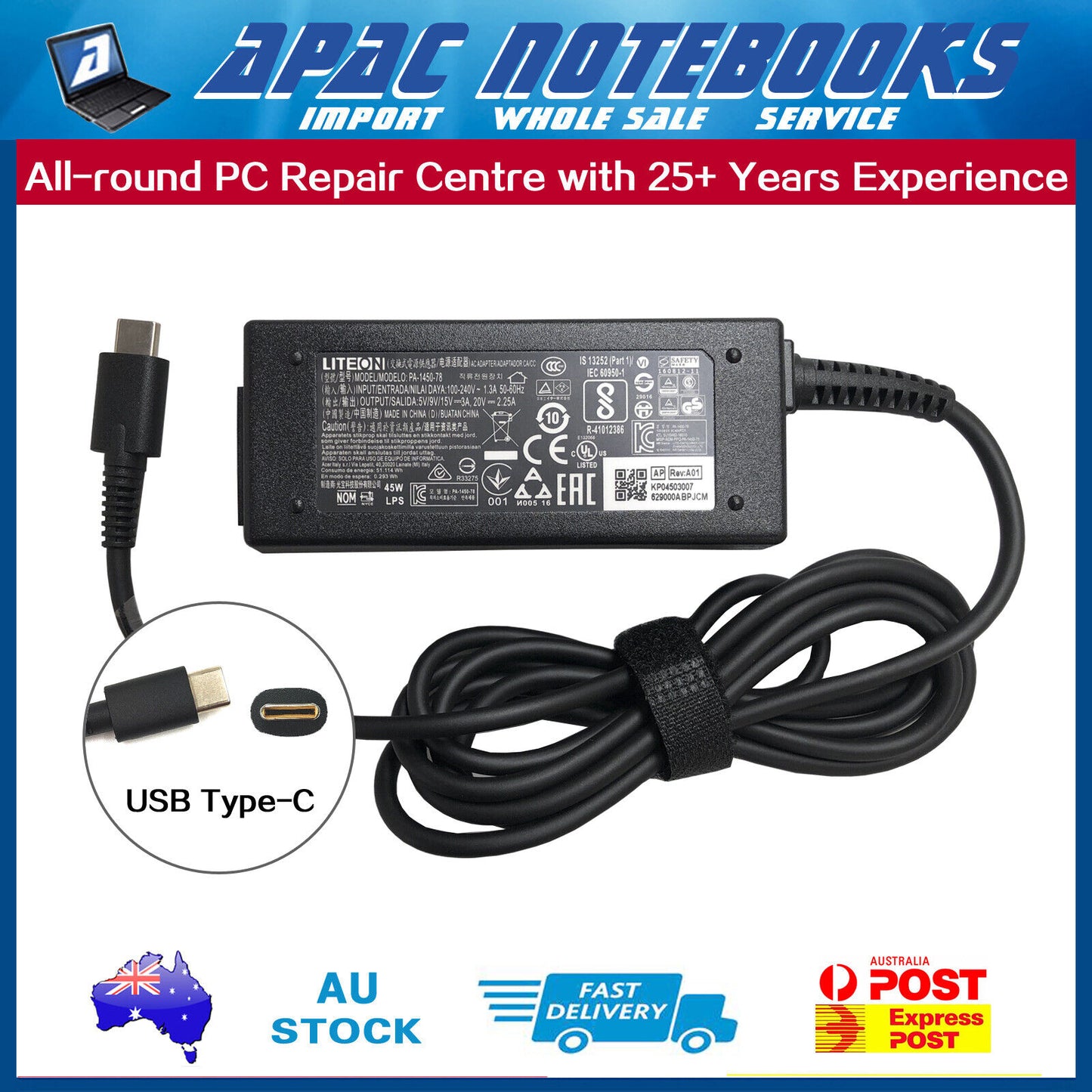 Genuine 45W USB Type-C AC Adapter Charger Acer LITEON PA-1450-78AP