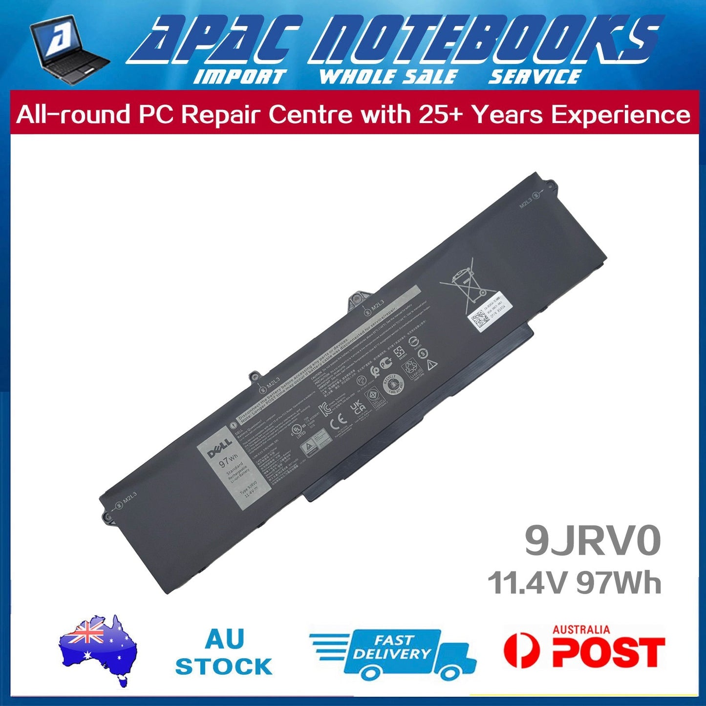 Genuine 9JRV0 Battery for 05RGW 53XP7 P50E P51E P104F P127F 11.4V 97Wh