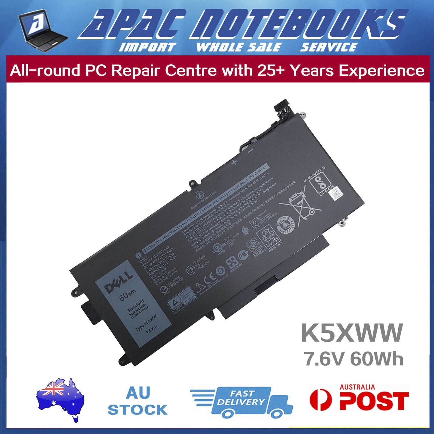 Genuine K5XWW Battery for Latitude 5289 2in1 7389 2in1 7390 2in1 P29S 7.6V 60Wh