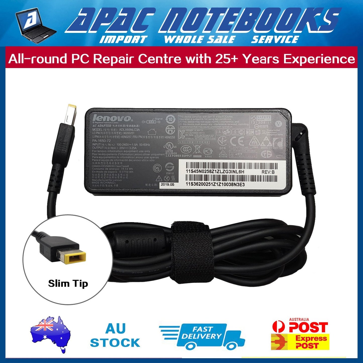 Genuine 65W Slim Tip Charger ThinkPad Yoga 260 20FD 20FE 370 20JH 20JJ X380 Yoga