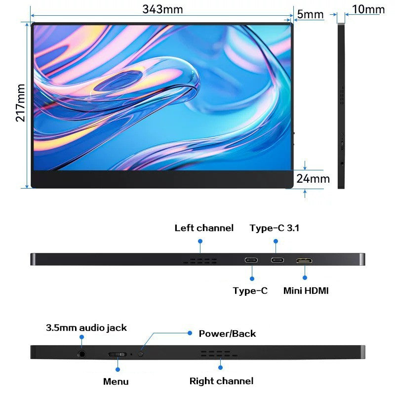 Portable Monitor 15.6" FHD 1080P USB-C HDMI IPS External Display Laptop MacBook