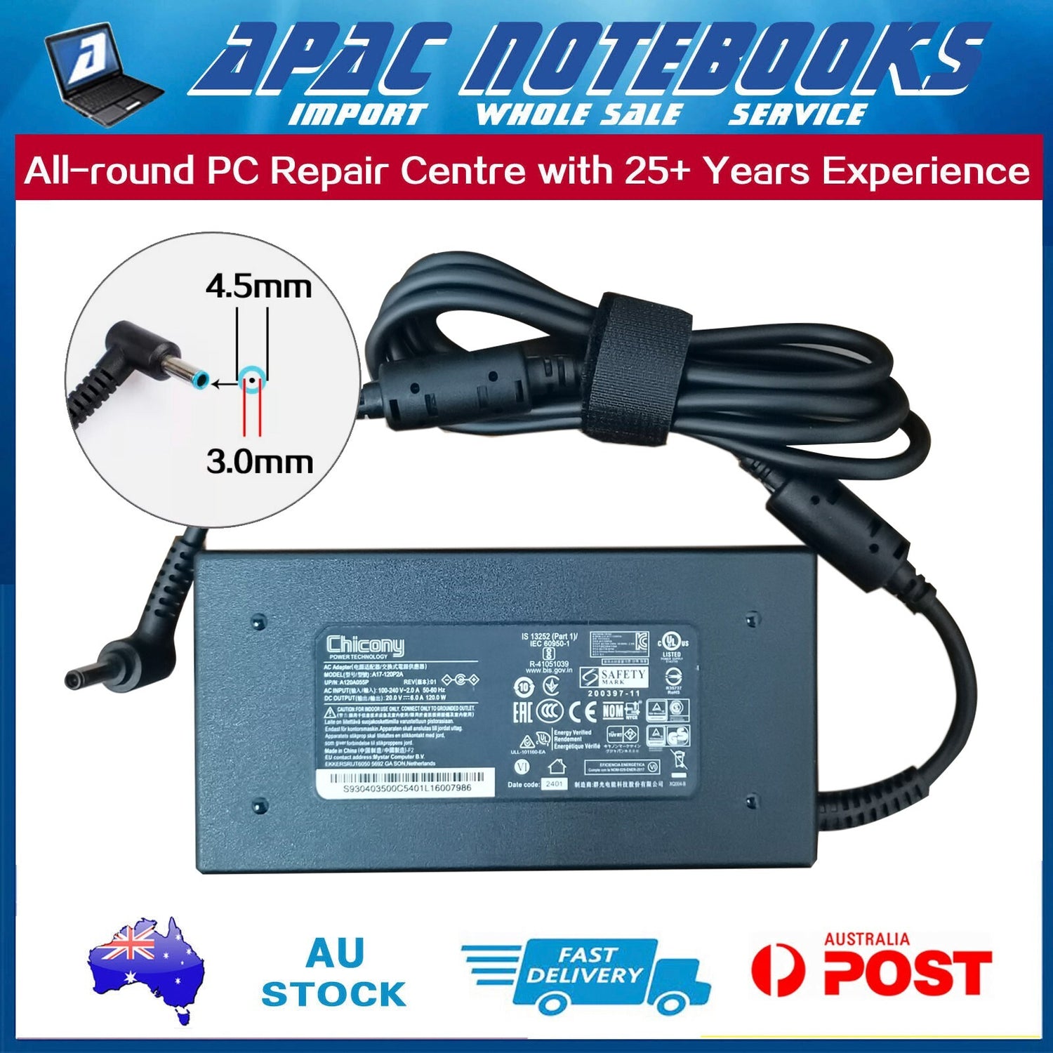 Chicony 20V 6A 120W AC Adapter Charger For MSI Thin GF63 12VF-435AU Power Supply