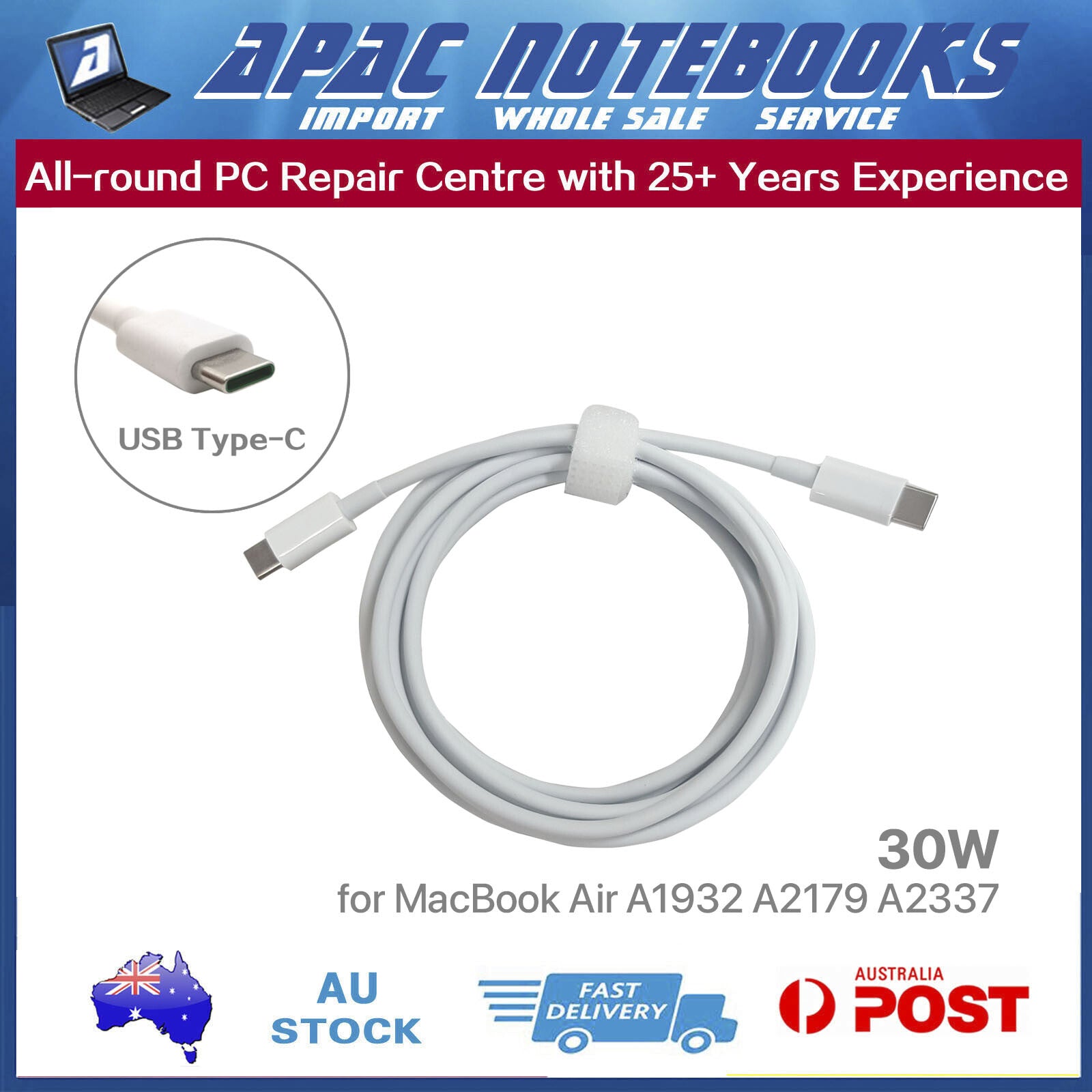 30W USB-C Power Adapter for MacBook Air 13" Retina A2179 2020 MacBookAir9,1