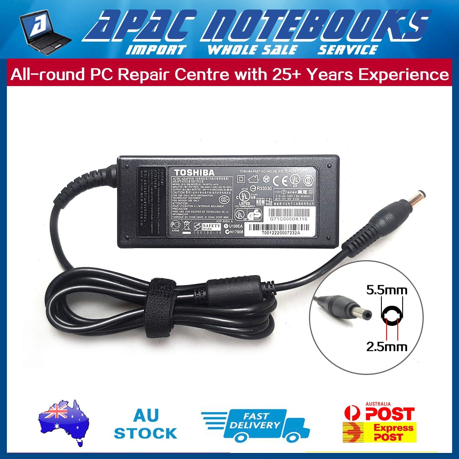 Genuine 65W Charger for Toshiba Sat Pro L50-b L50D-B C50-b 5.5mm*2.5mm