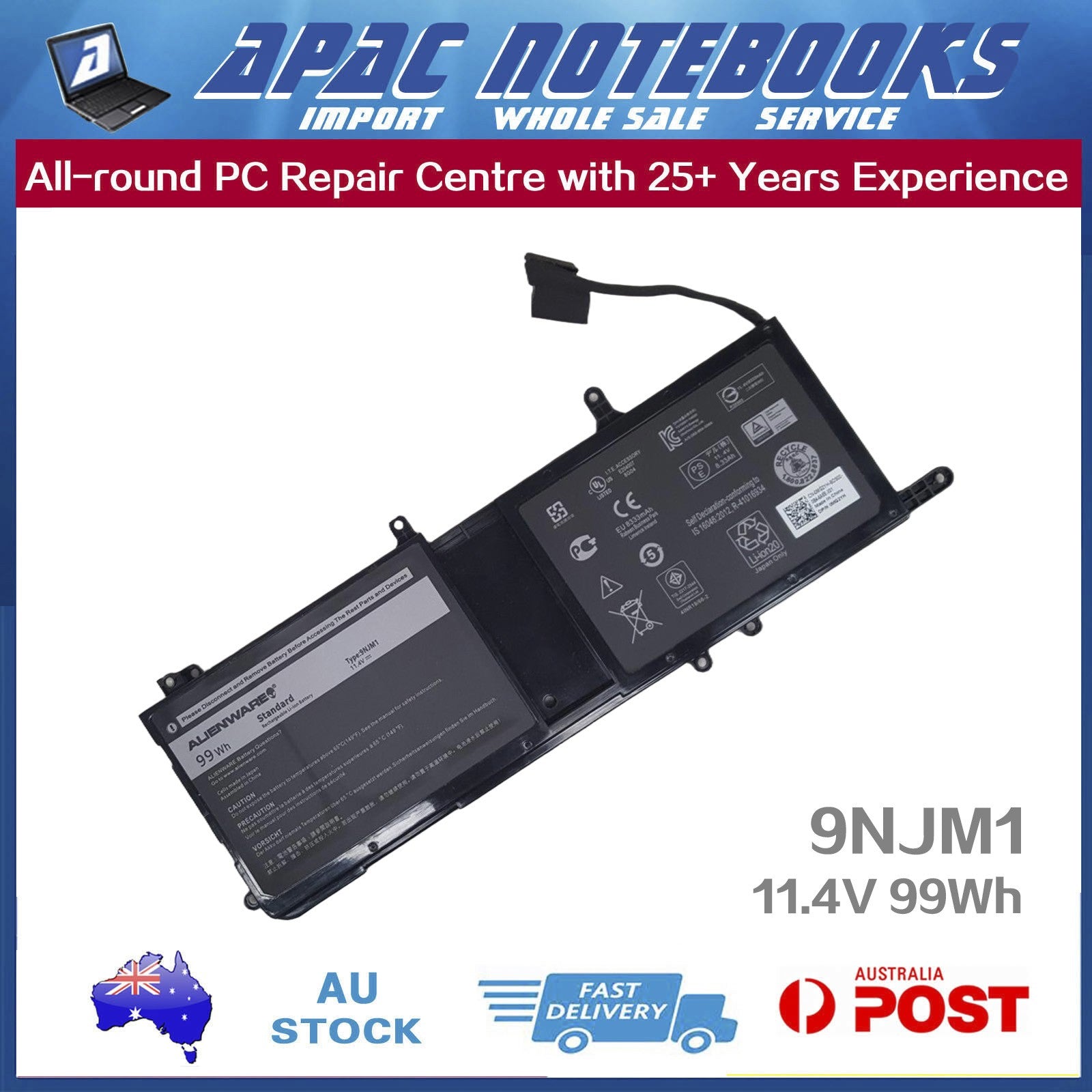 Genuine 9NJM1 Battery for Alienware 15 R3 R4 17 R4 R5 P69F001/2 P31F001/2 99Wh