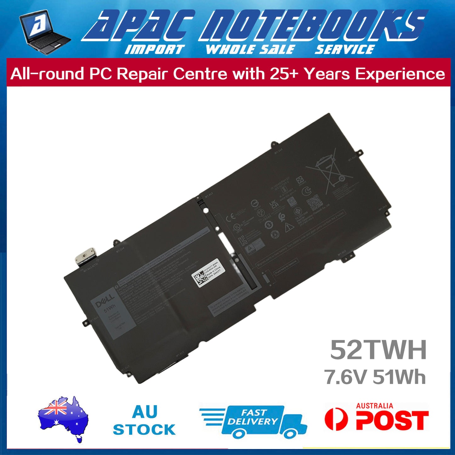 Genuine 52TWH Battery for XPS 13 7390 2in1 13 9310 2in1 X1W0D P103G 7.6V 51Wh